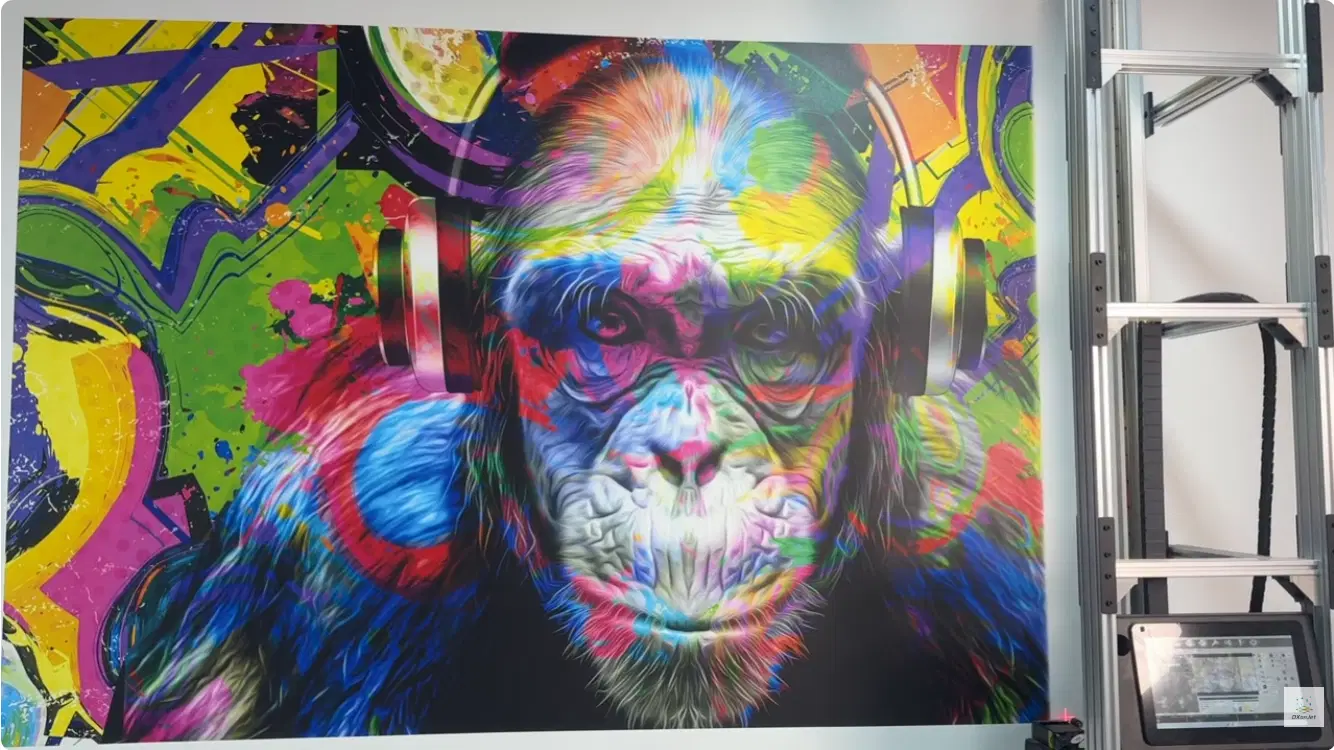 A large-format, hyper-detailed mural of a chimpanzee wearing headphones, created with bold, multicolored brush strokes