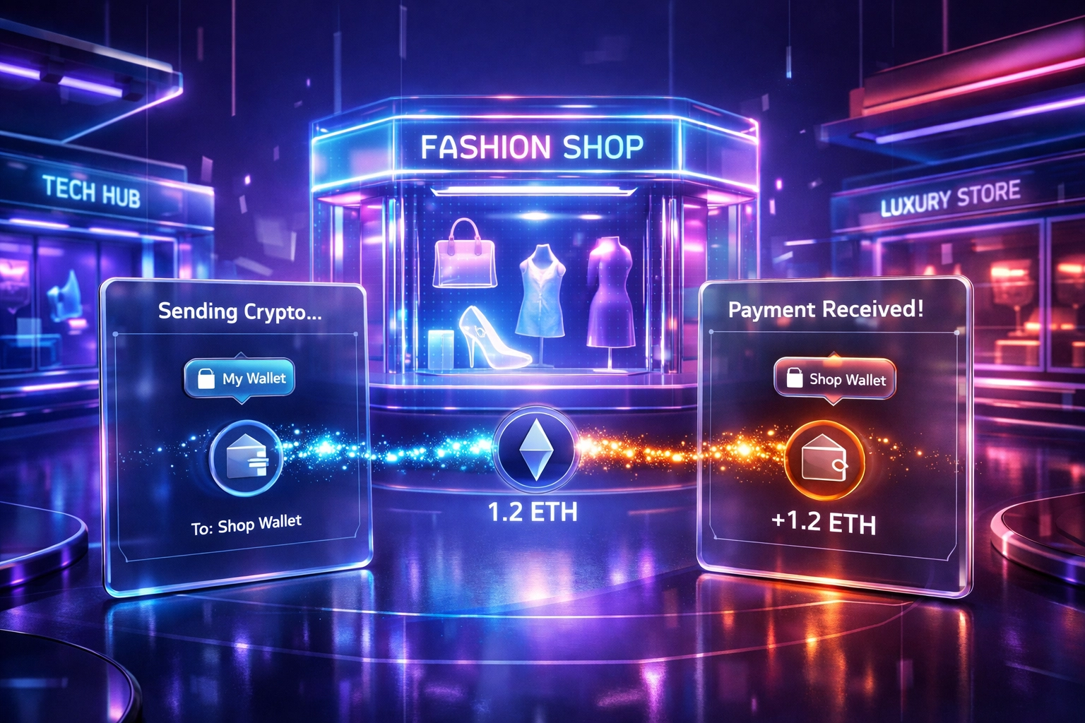 Futuristic VR shopping metaverse with holographic storefronts and crypto payment interfaces