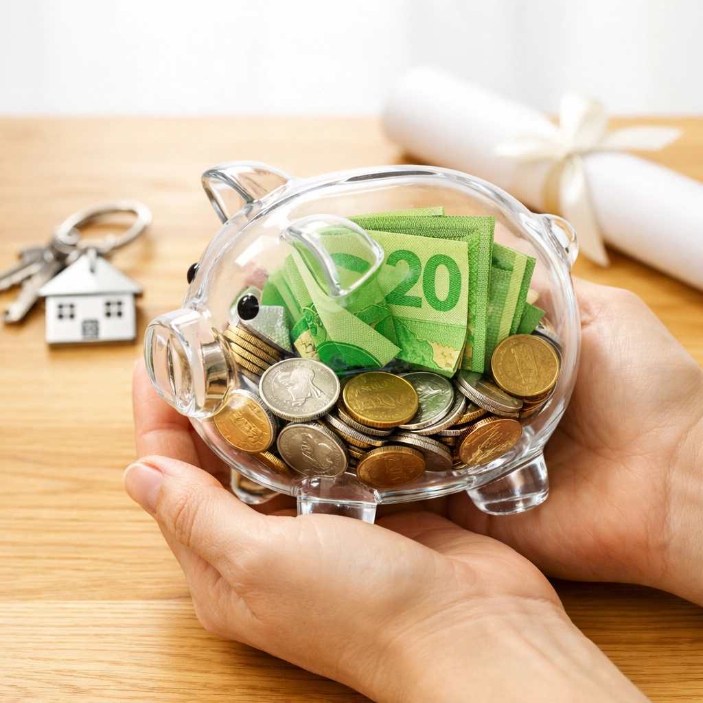 Piggy bank with Canadian dollars and house keys representing home closing costs