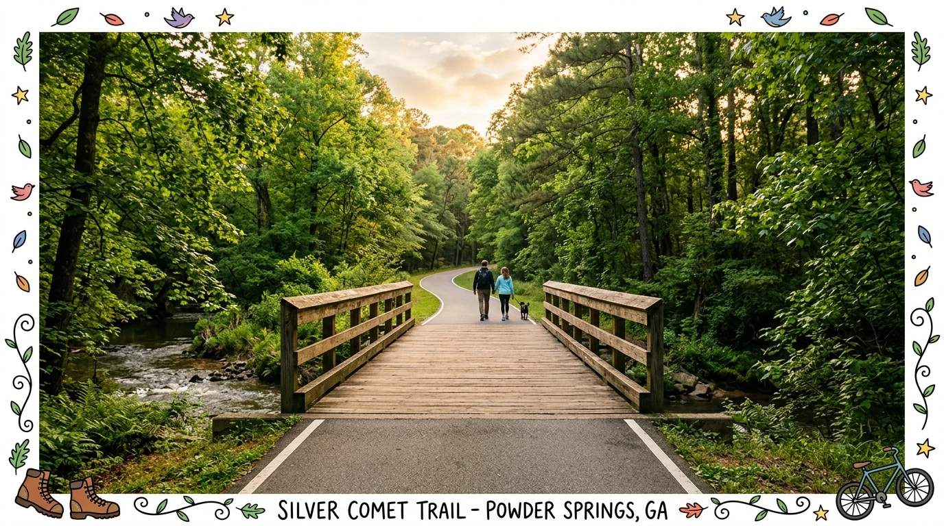 The scenic Silver Comet Trail in Powder Springs showing a paved path through lush trees and a wooden bridge, accented with hand-drawn lines. The scenic Silver Comet Trail in Powder Springs showing a paved path through lush trees and a wooden bridge, accented with hand-drawn lines.
