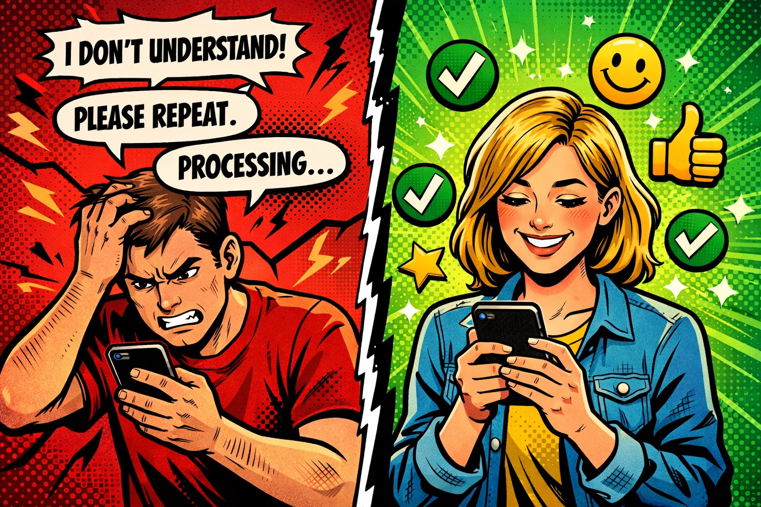 Frustrated customer with robotic AI responses vs happy customer with helpful support