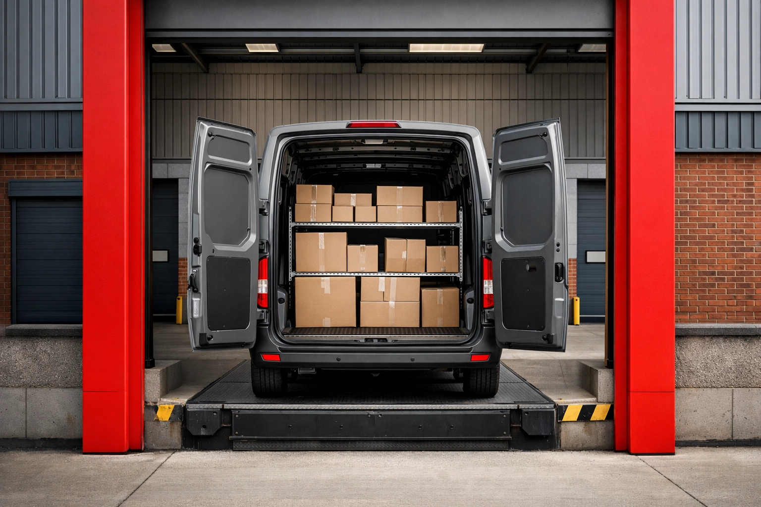 Logistics in retail delivery van at a professional Hertford storage facility loading bay.