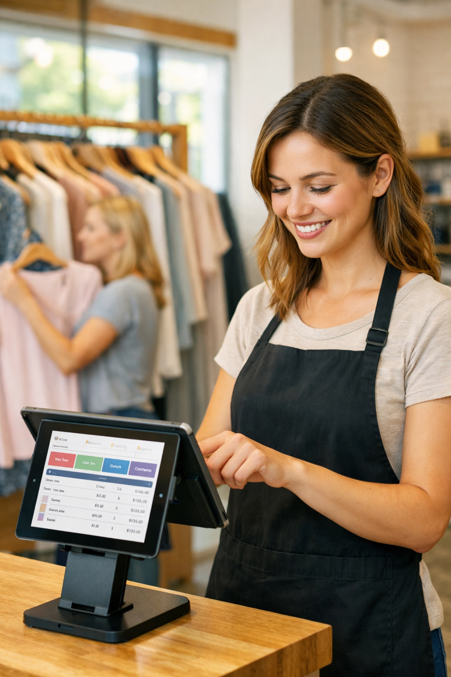 Retail employee using EPOS Now tablet POS system with inventory management in clothing boutique