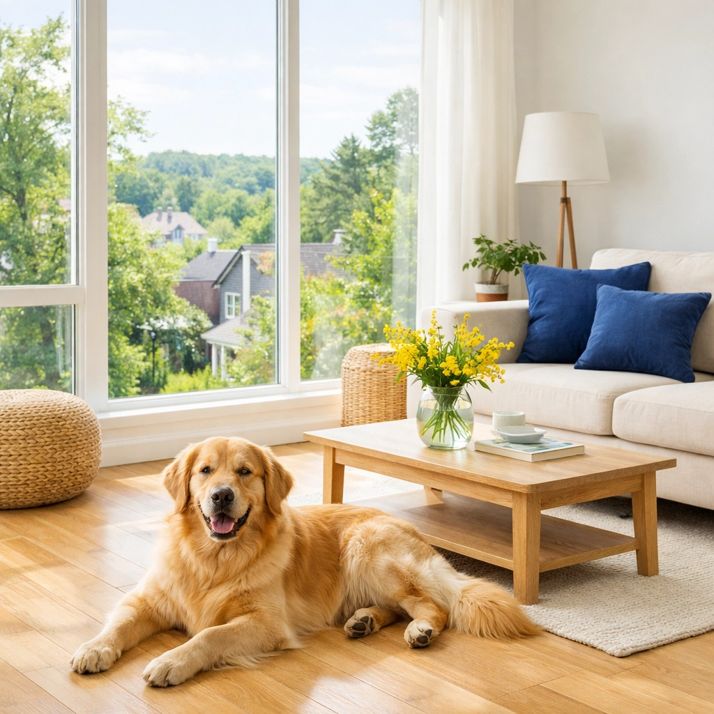 Bright Massachusetts living room with clean hardwood floors, highlighting eco-friendly move-in cleaning results.