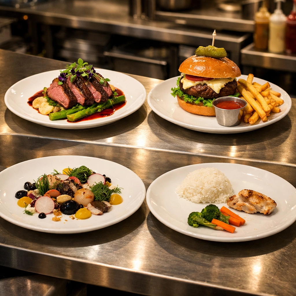 Four restaurant dishes showing menu engineering categories: Stars, Plowhorses, Puzzles, and Dogs