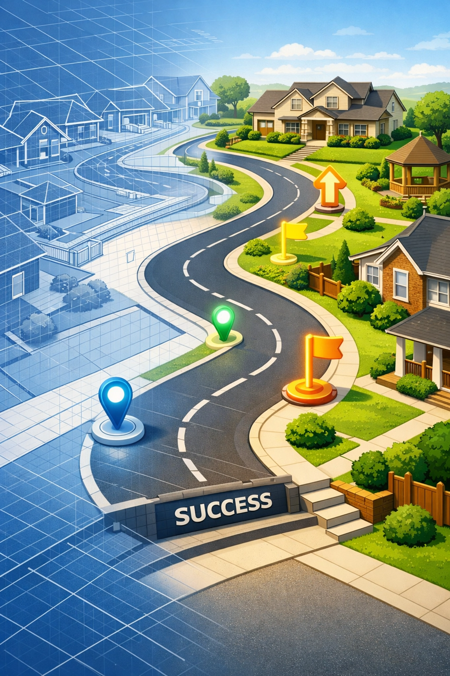A clear path showing the step-by-step journey from a mortgage plan to a beautiful new neighborhood.