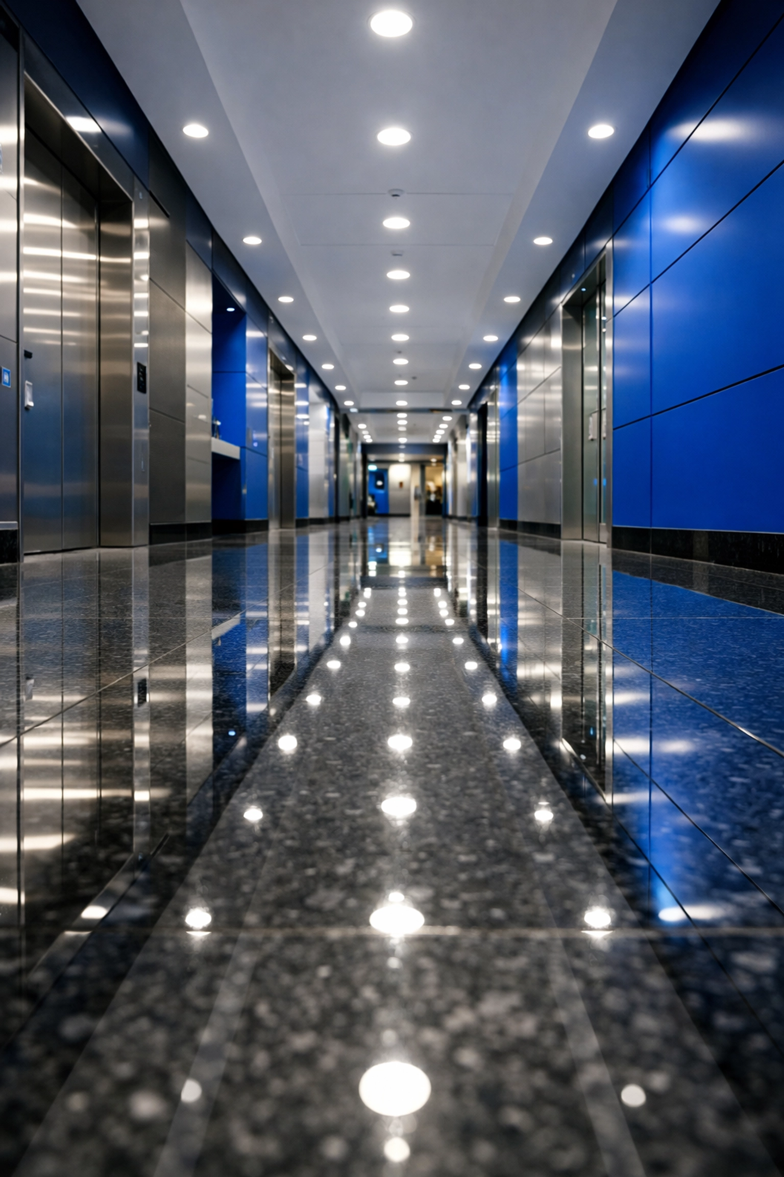 Immaculate high-tech facility hallway with professional floor care and polished stone surfaces in Marlborough.