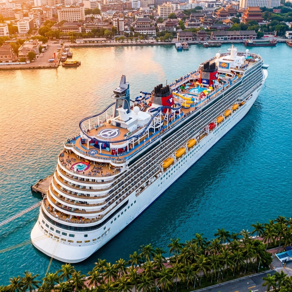 Disney Adventure cruise ship with Marvel attractions and rollercoaster docked at Asian port in 2026