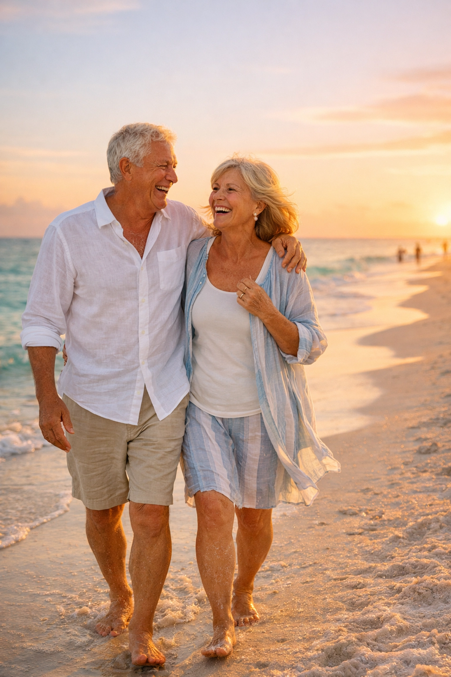 Active seniors on a Sarasota beach enjoying the freedom of a medicare supplement florida plan.