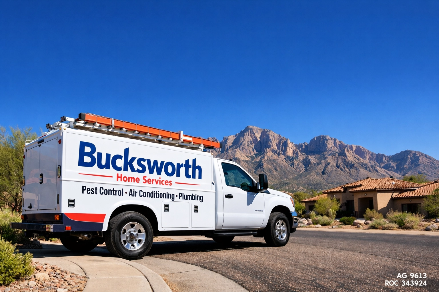 Bucksworth Home Services truck parked in an Oro Valley neighborhood with the Santa Catalina Mountains.