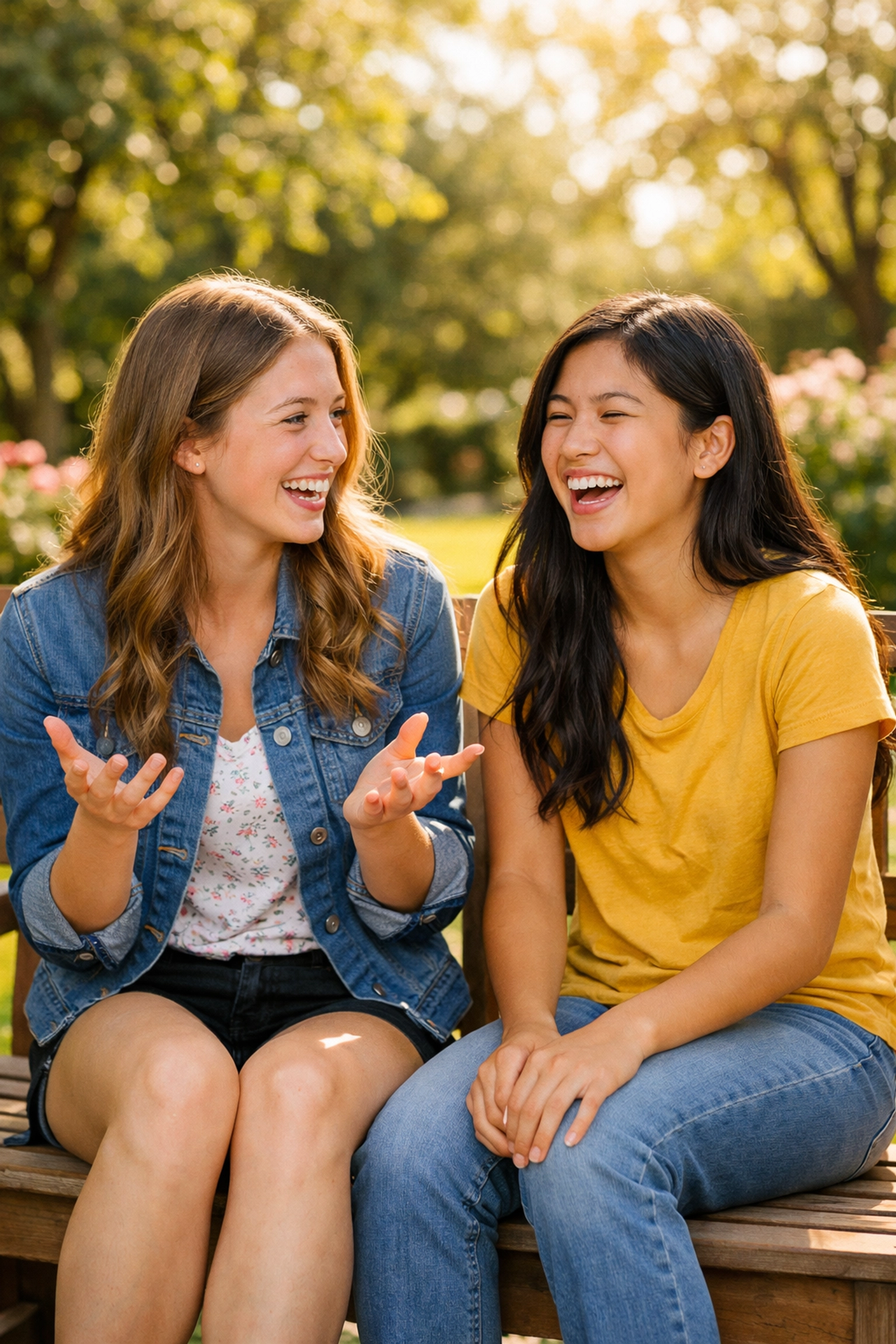 Two teenage girls laughing together on a bench, showcasing peer support at a teen treatment center.