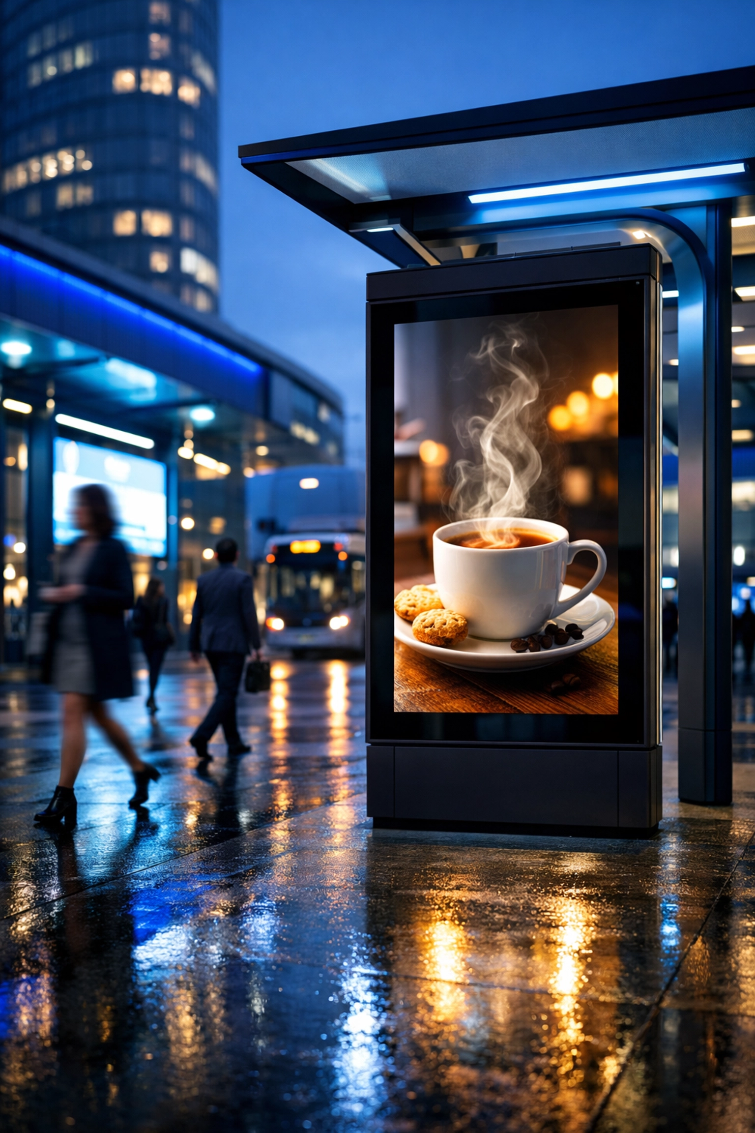 Digital advertising kiosk in a smart city transit hub showing a context-aware ad for a warm beverage.