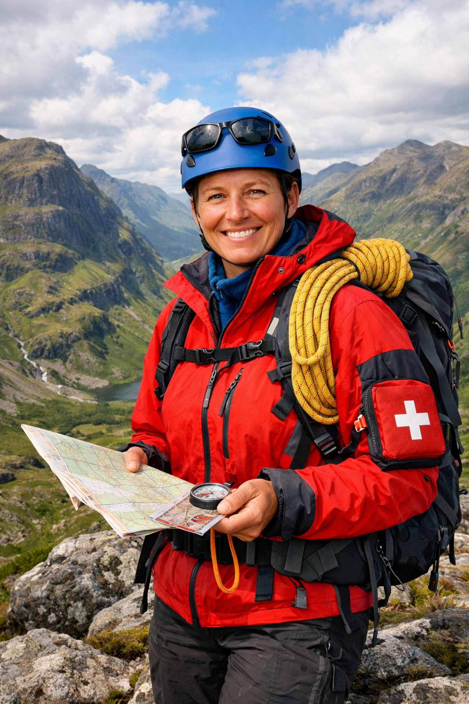 Professional qualified mountain guide with map and safety gear in Scottish Highlands