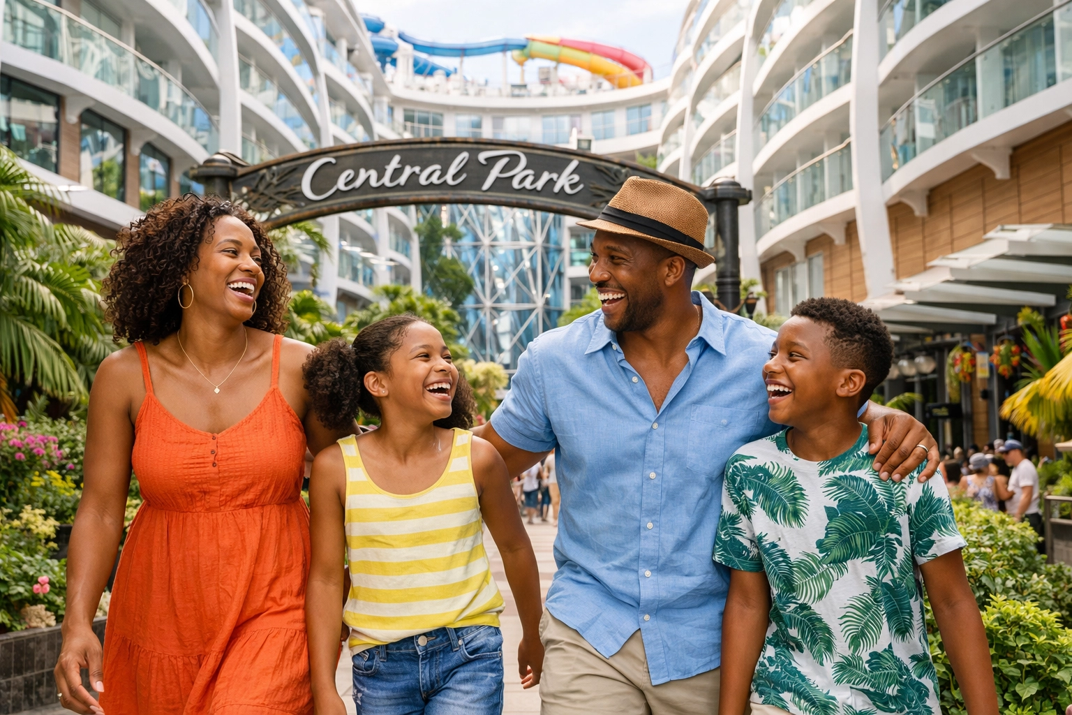 A happy family exploring a luxury cruise ship neighborhood with help from an Omaha travel agent.