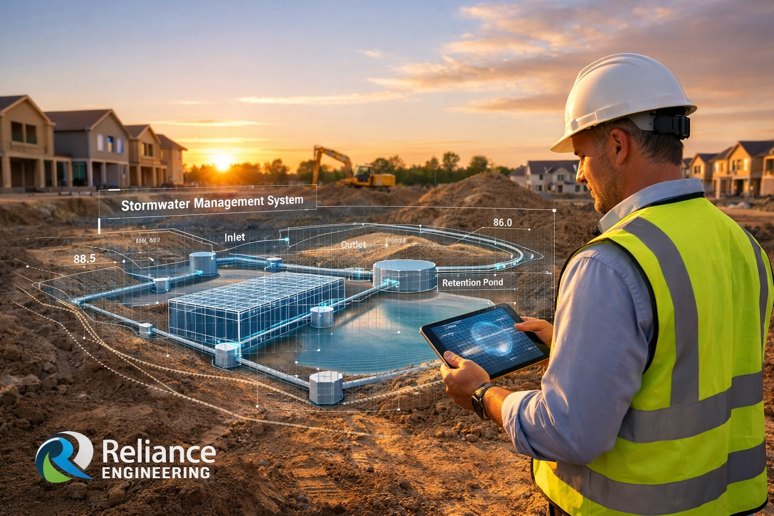 Professional civil engineer reviewing a site grading plan and stormwater management design for an Ontario project.