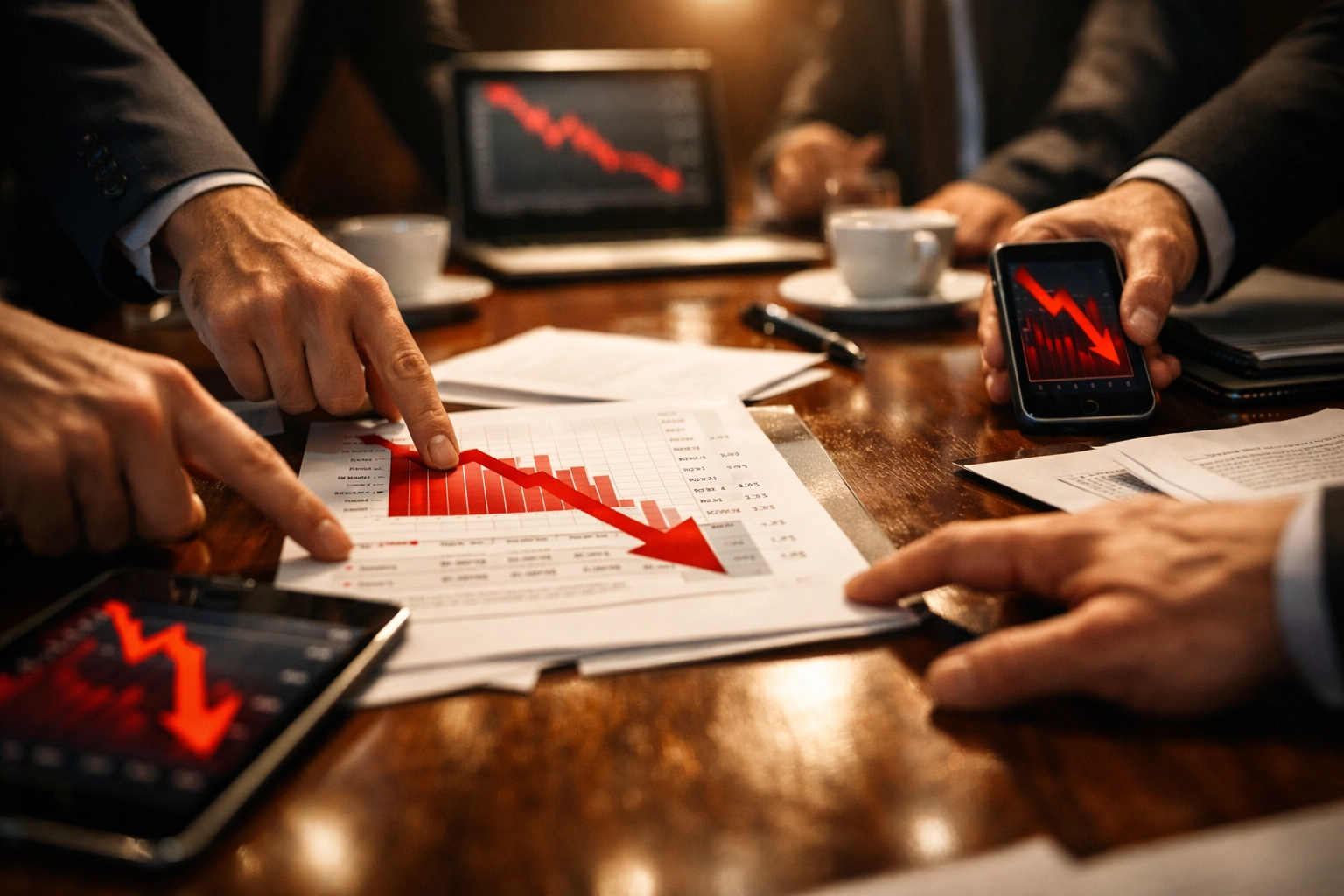 Corporate crisis meeting discussing tariff communication strategy and stakeholder messaging