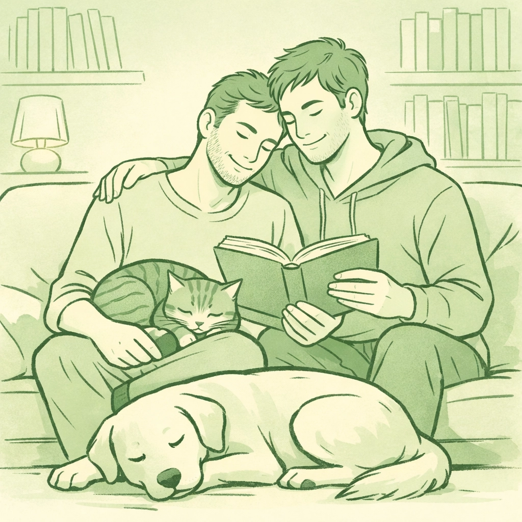 Gay couple reading LGBTQ+ books at home with cat and dog