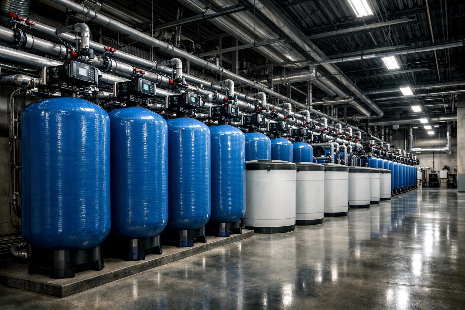 Professional installation of industrial water softening tanks in a commercial mechanical room with heavy-duty piping.