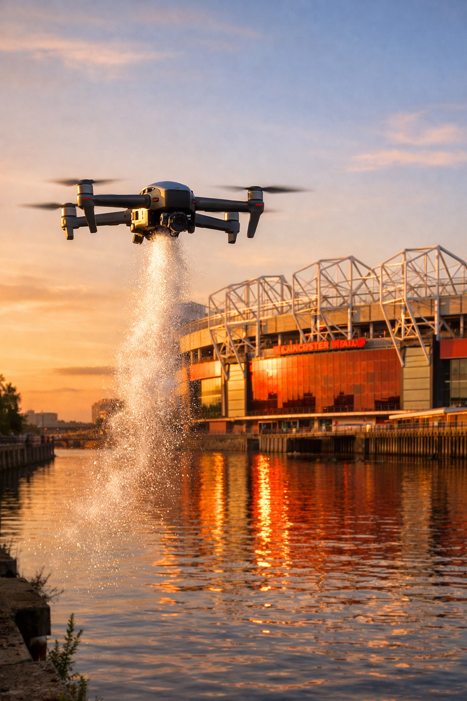 Drone ash scattering ceremony near Manchester United's Old Trafford stadium at sunset over the canal.