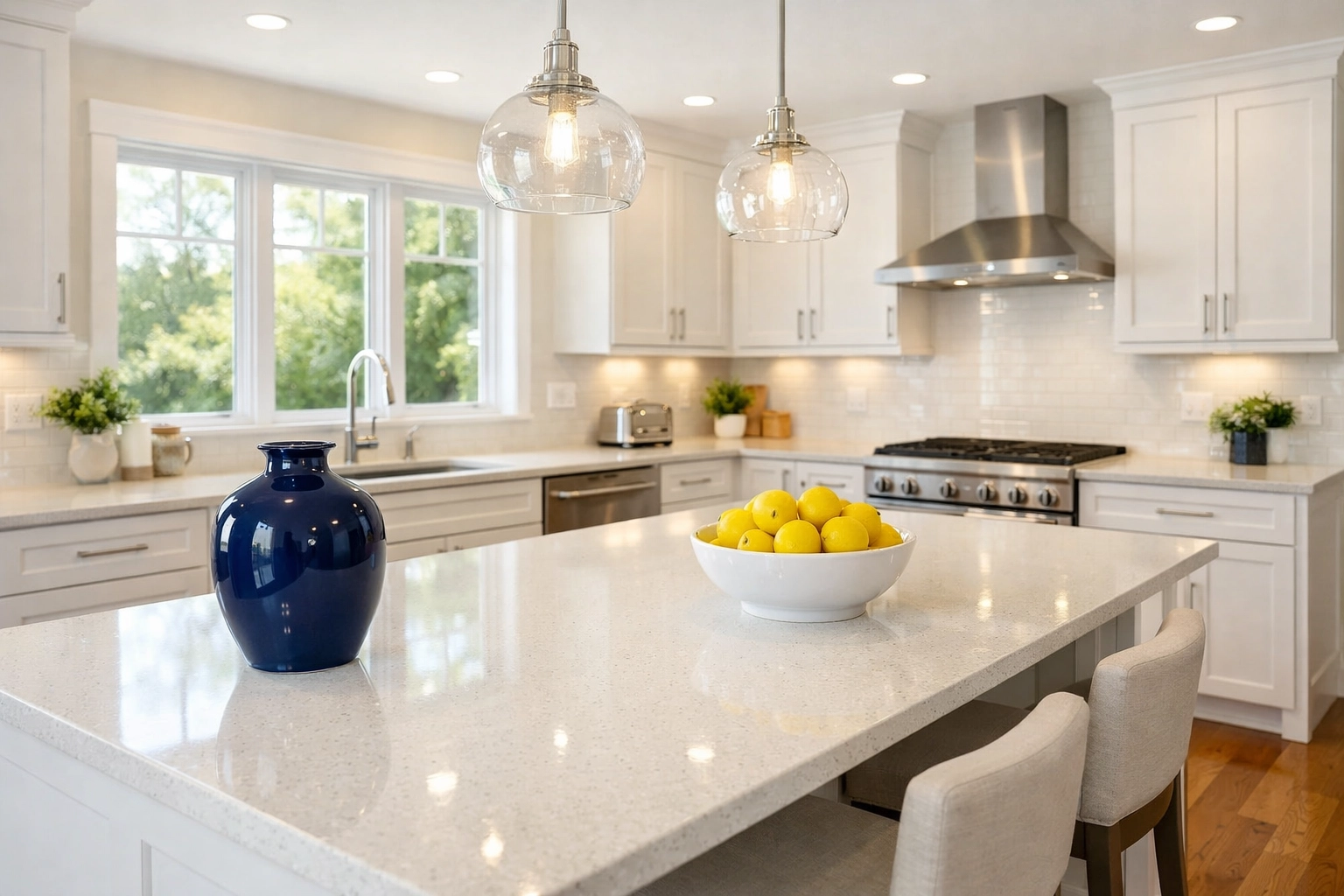 Modern Leominster kitchen with white cabinets after a weekly house cleaning service.