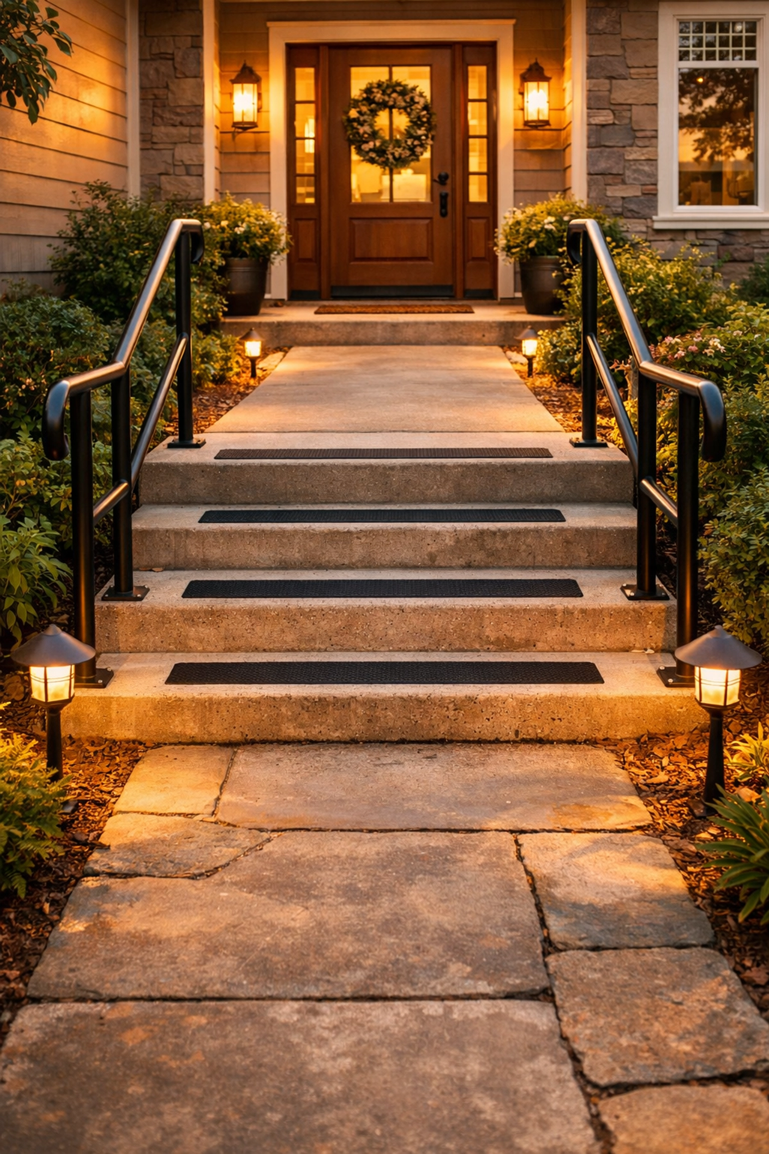 Safe outdoor entrance with handrails, non-slip steps, and pathway lighting for fall prevention