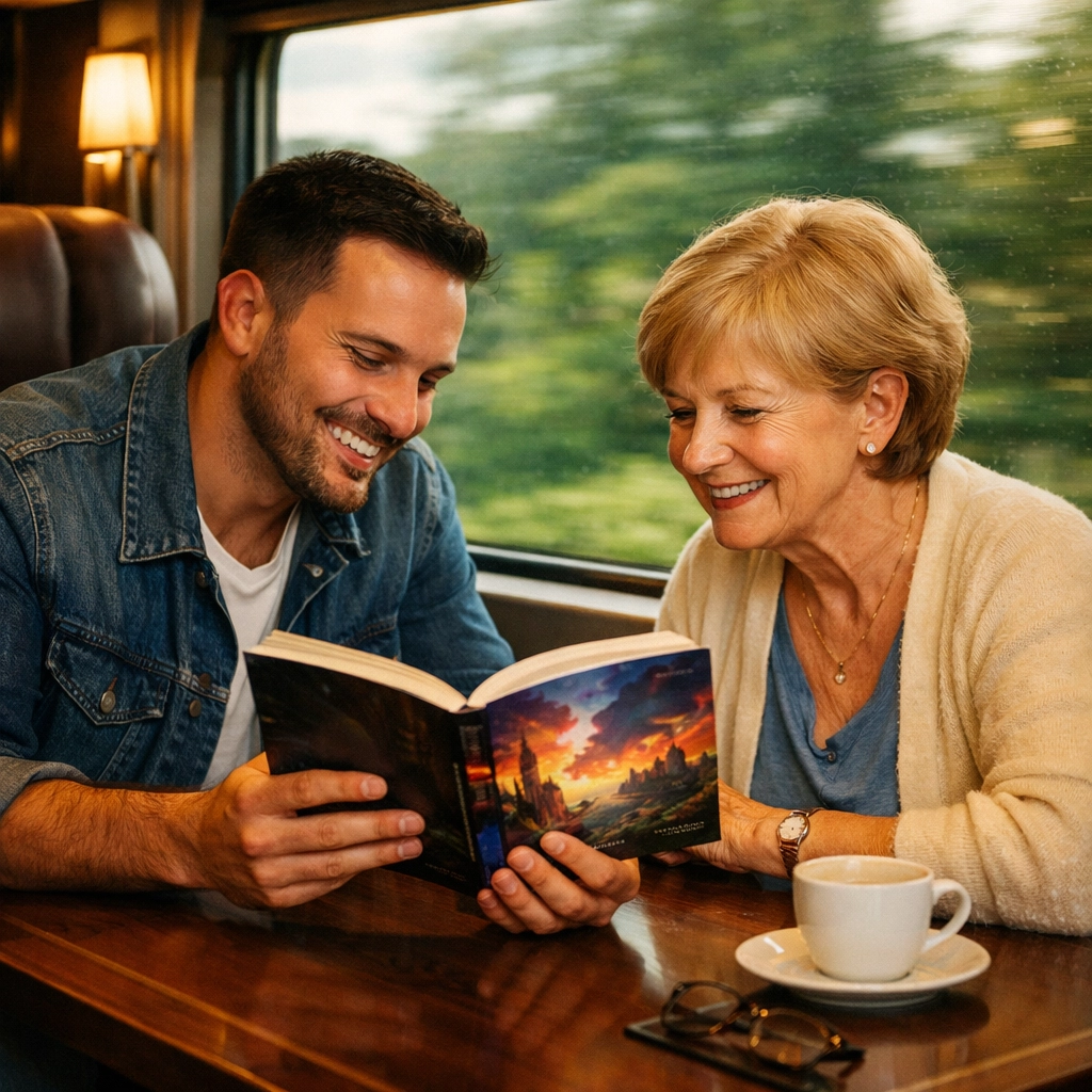 A gay man and his mother sharing a book while traveling by train, enjoying a quiet moment on their journey.