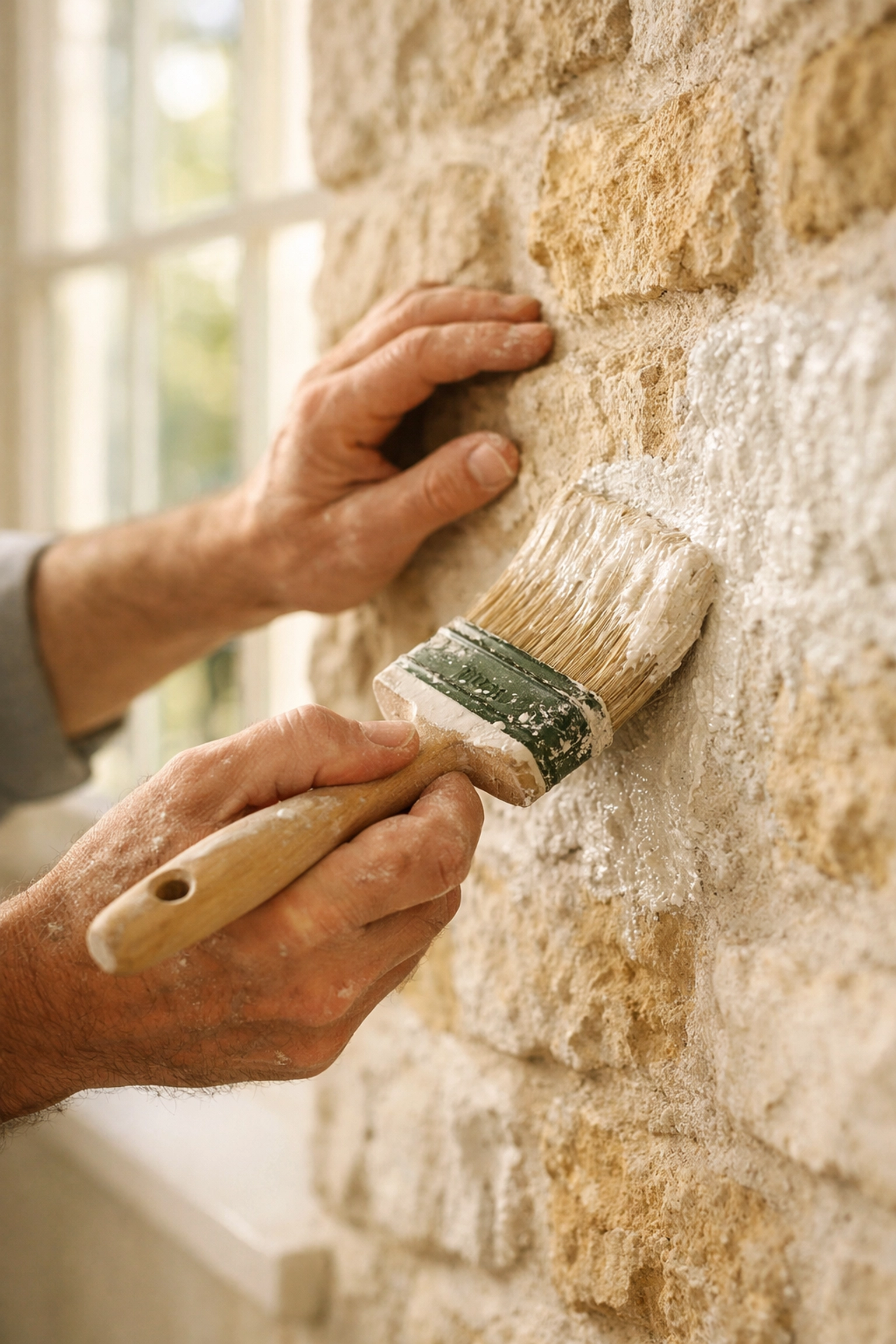 Craftsman applying limewash to Cotswold stone wall in period property
