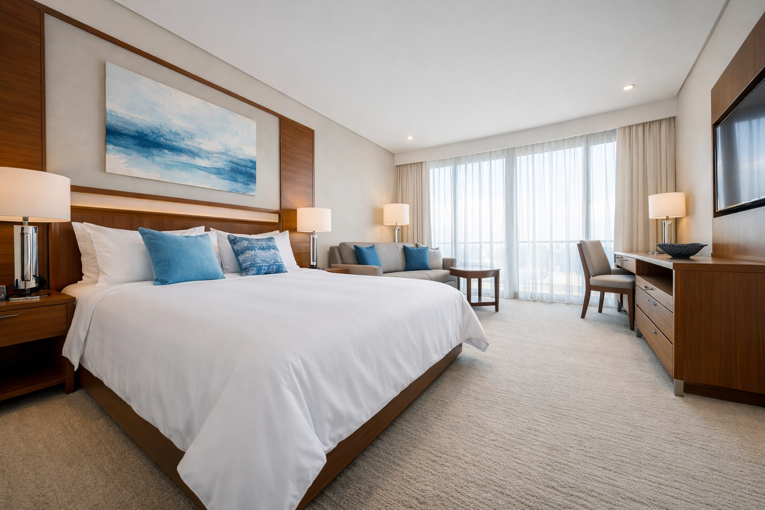 A pristine luxury hotel suite after deep commercial cleaning services, ensuring a dust-free and healthy environment.