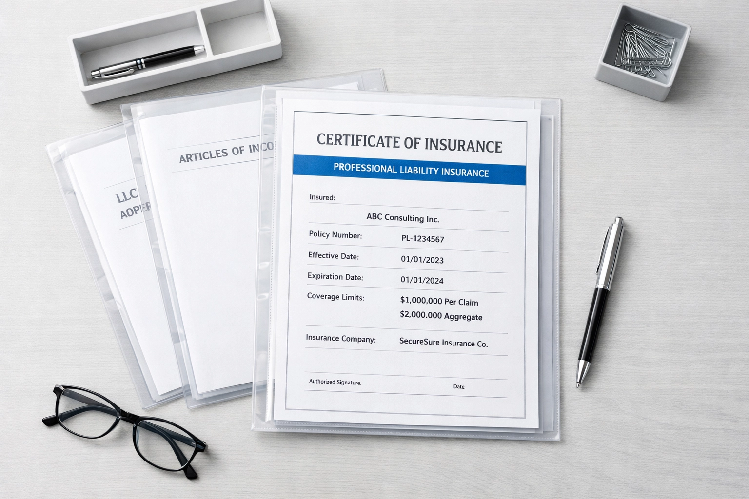 Organized business documents and insurance certificates for service bureau compliance