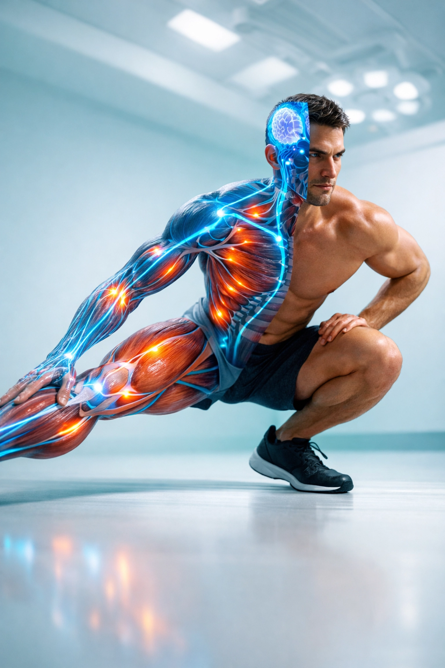 Anatomical visualization of active mobility showing nervous system control during an athletic lunge.