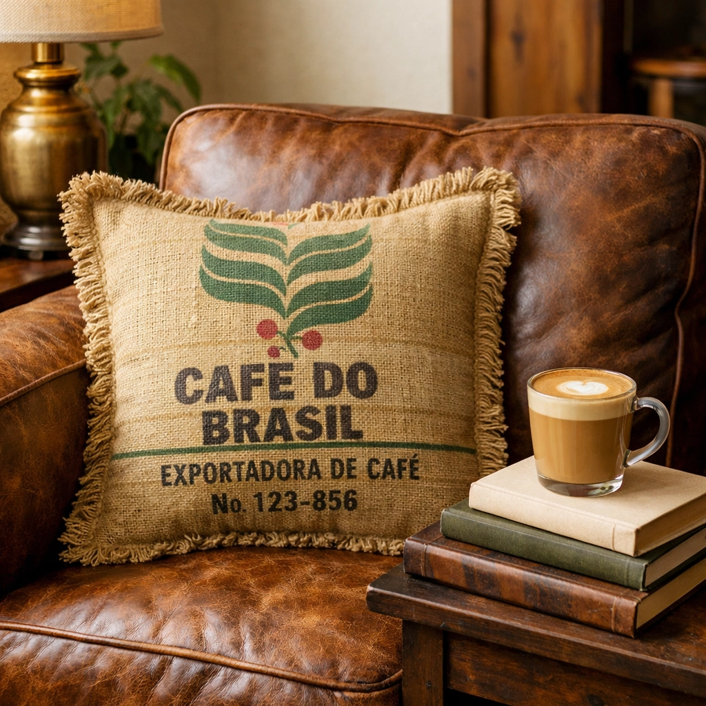 Decorative rustic cushion made from upcycled coffee sacks on a cozy leather chair.
