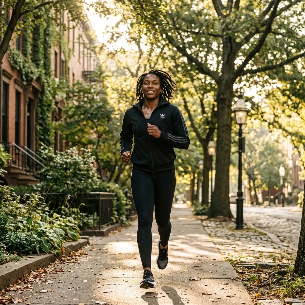 Person jogging in Adidas performance gear through a leafy neighborhood