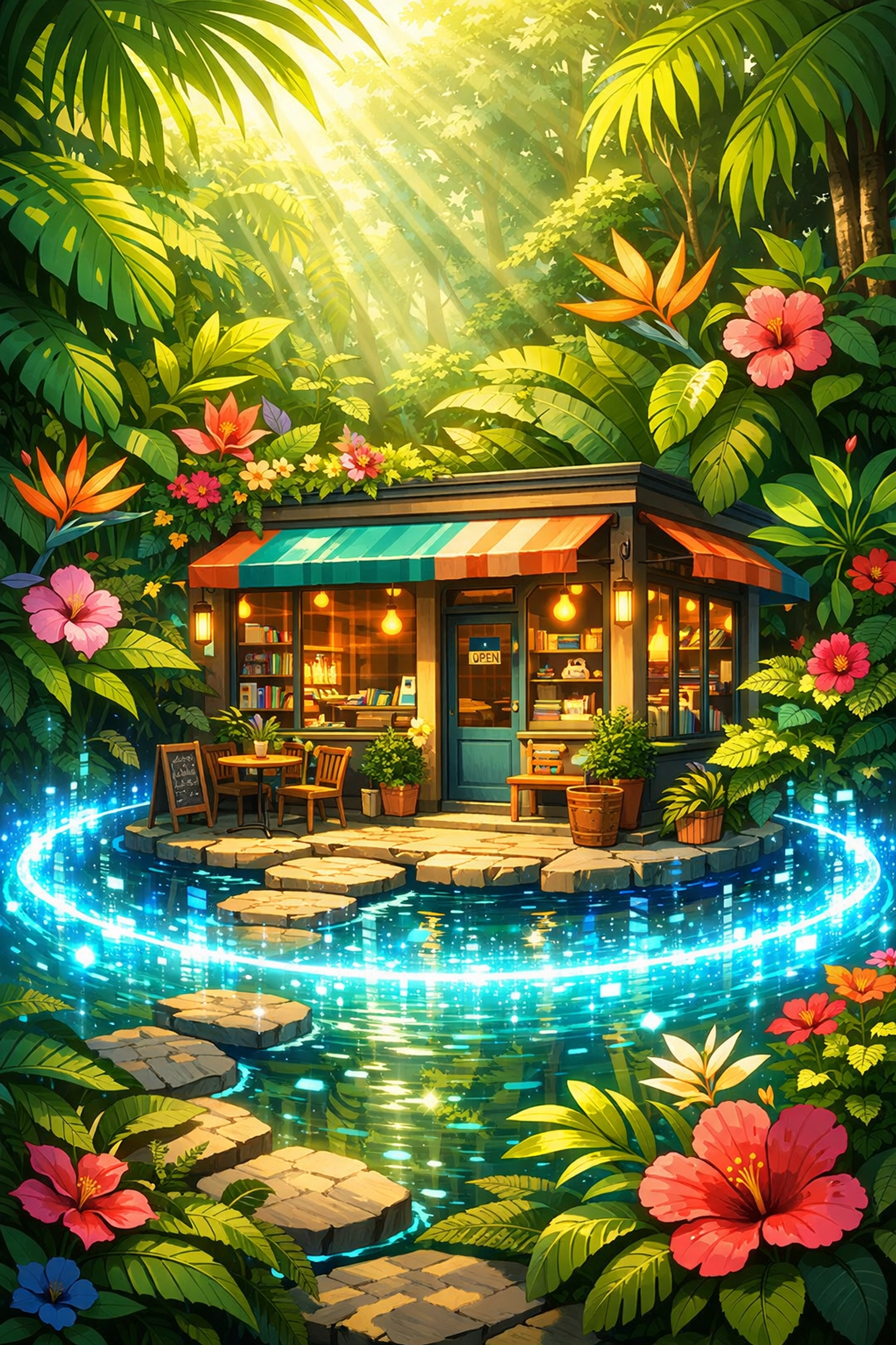 A small business storefront protected by a digital moat, representing long-term success through content marketing.