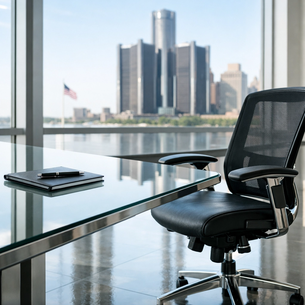 Pristine Detroit office suite featuring a clean conference table and high-gloss floors after a make-ready service.