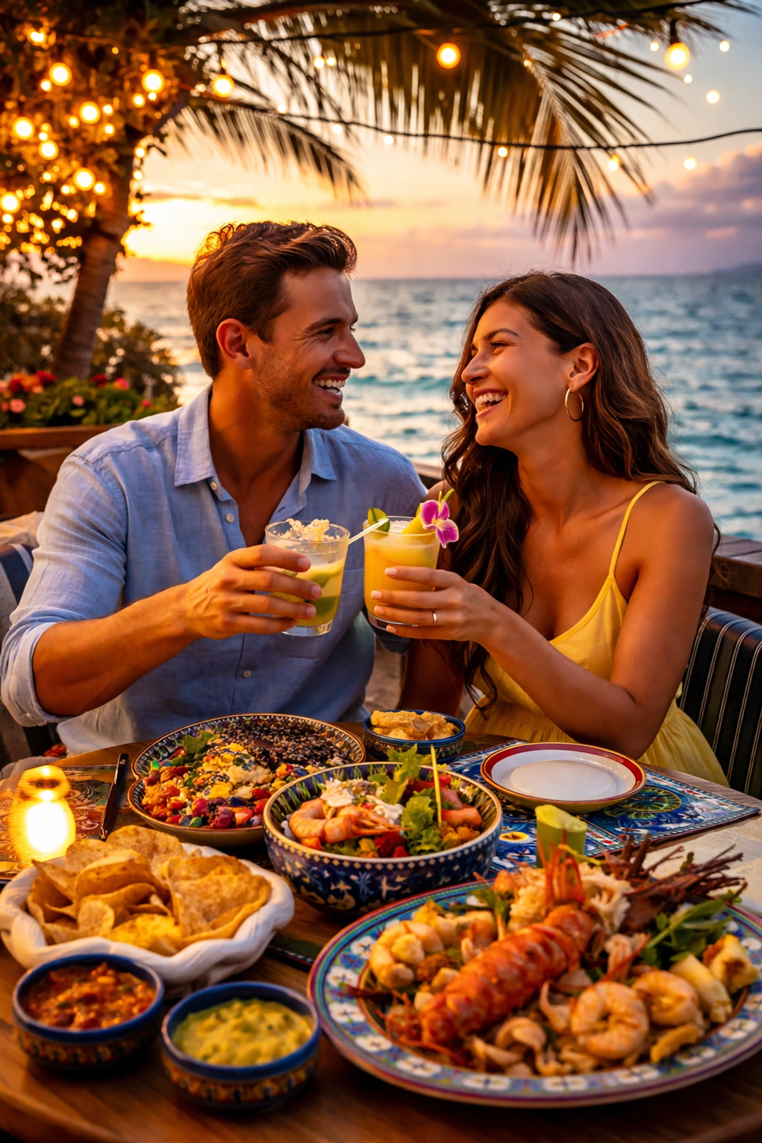 Couple enjoying a romantic sunset dinner at a beachfront restaurant in Puerto Vallarta.