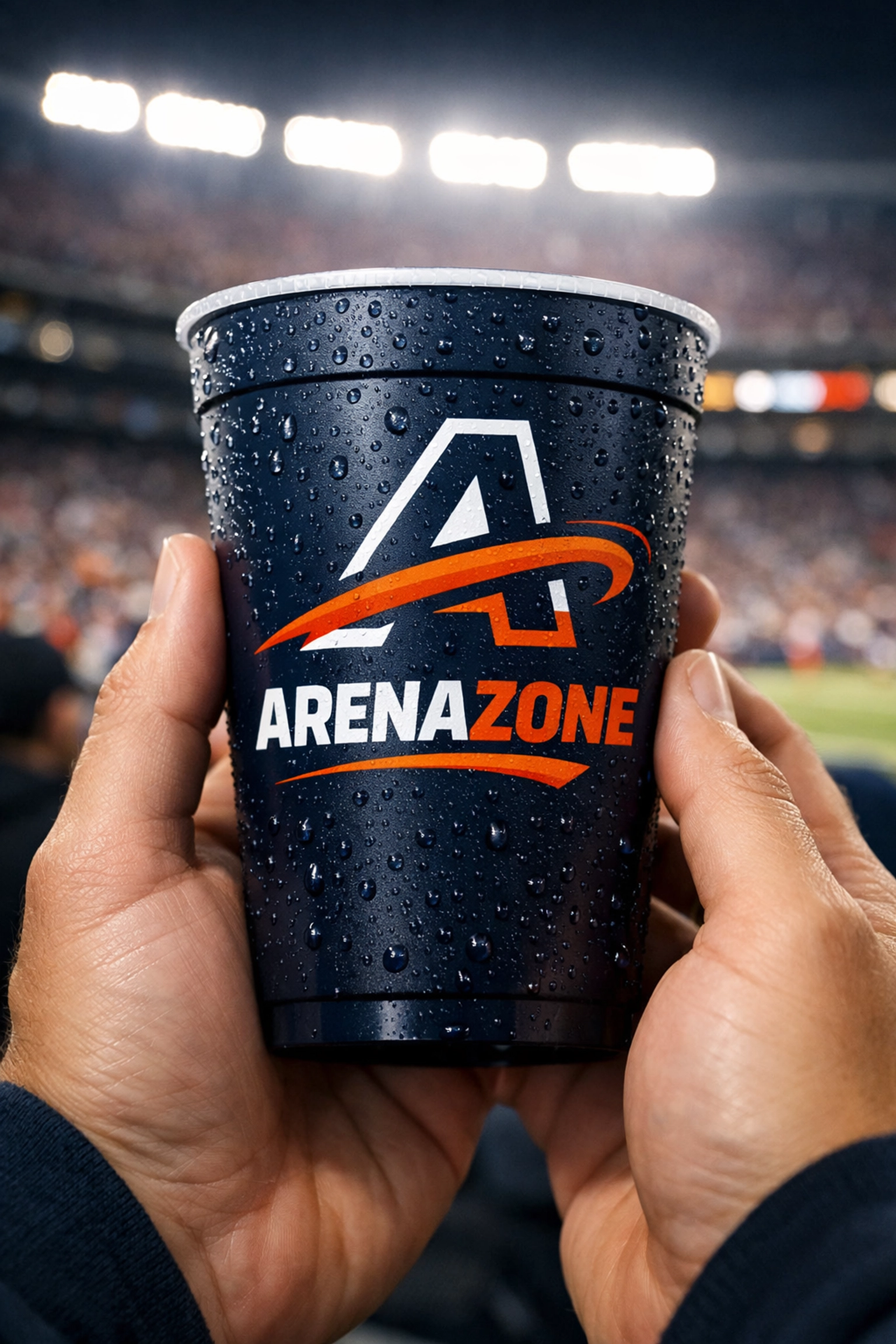 Fan holding branded stadium cup demonstrating tangible brand touchpoints at Super Bowl venue