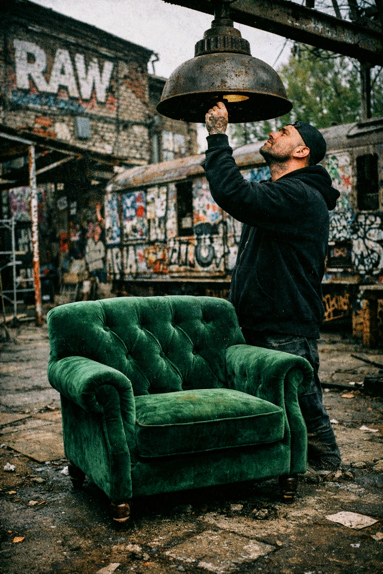 Man inspecting vintage furniture and a velvet armchair at the RAW Gelände flea market in Friedrichshain.