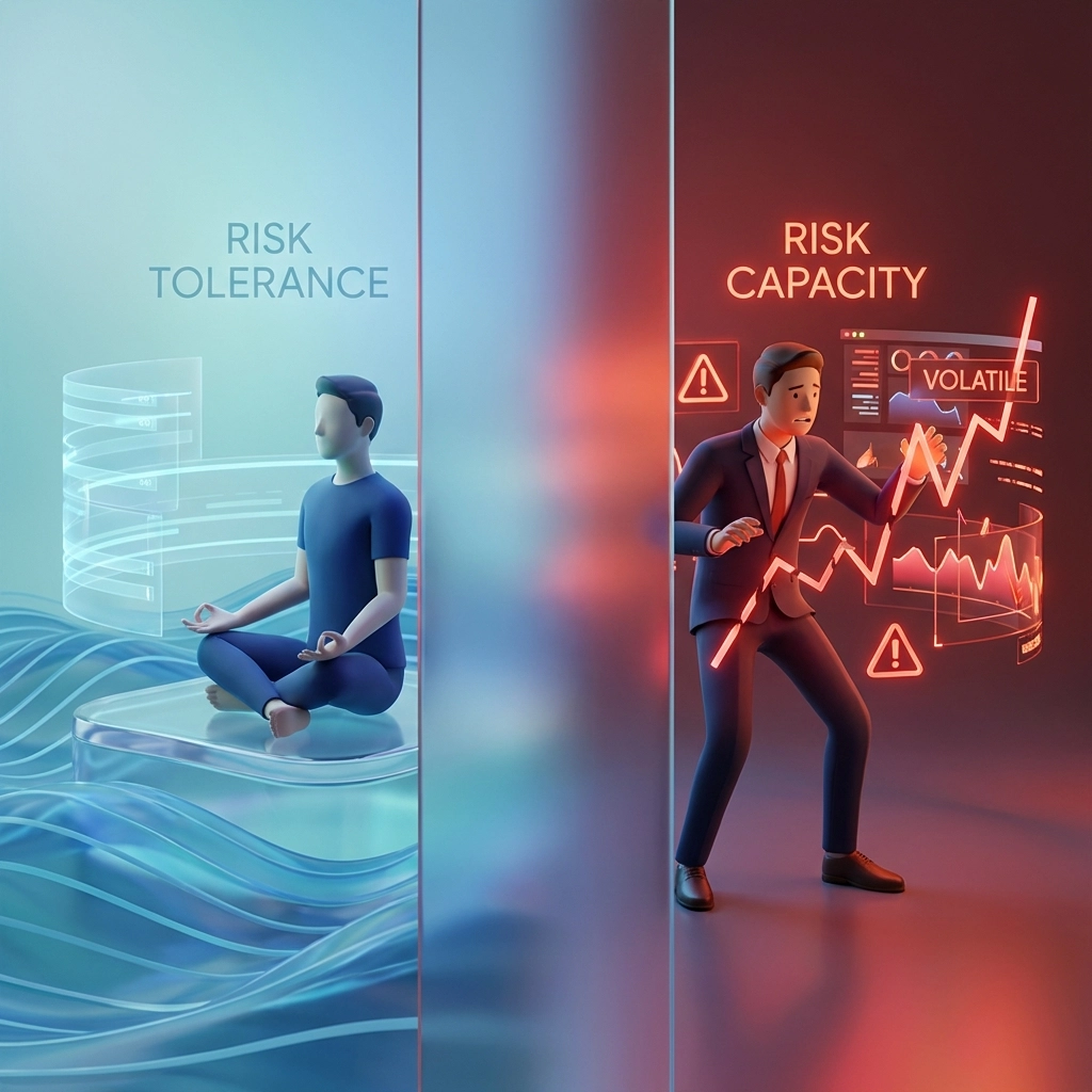 Split image showing peaceful versus stressed investor, representing differences between risk tolerance and risk capacity.