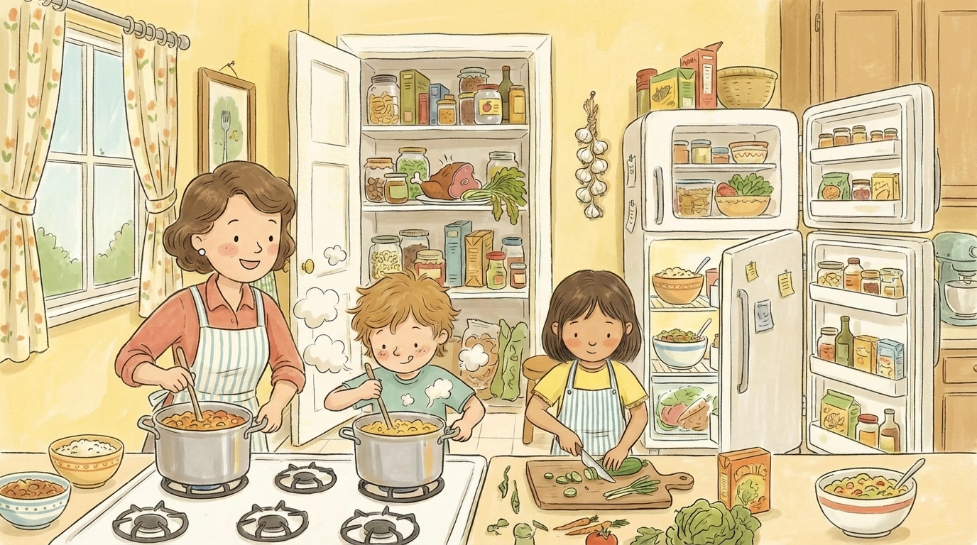 Children cook together in a bright kitchen, creatively using leftover ingredients to reduce food waste.