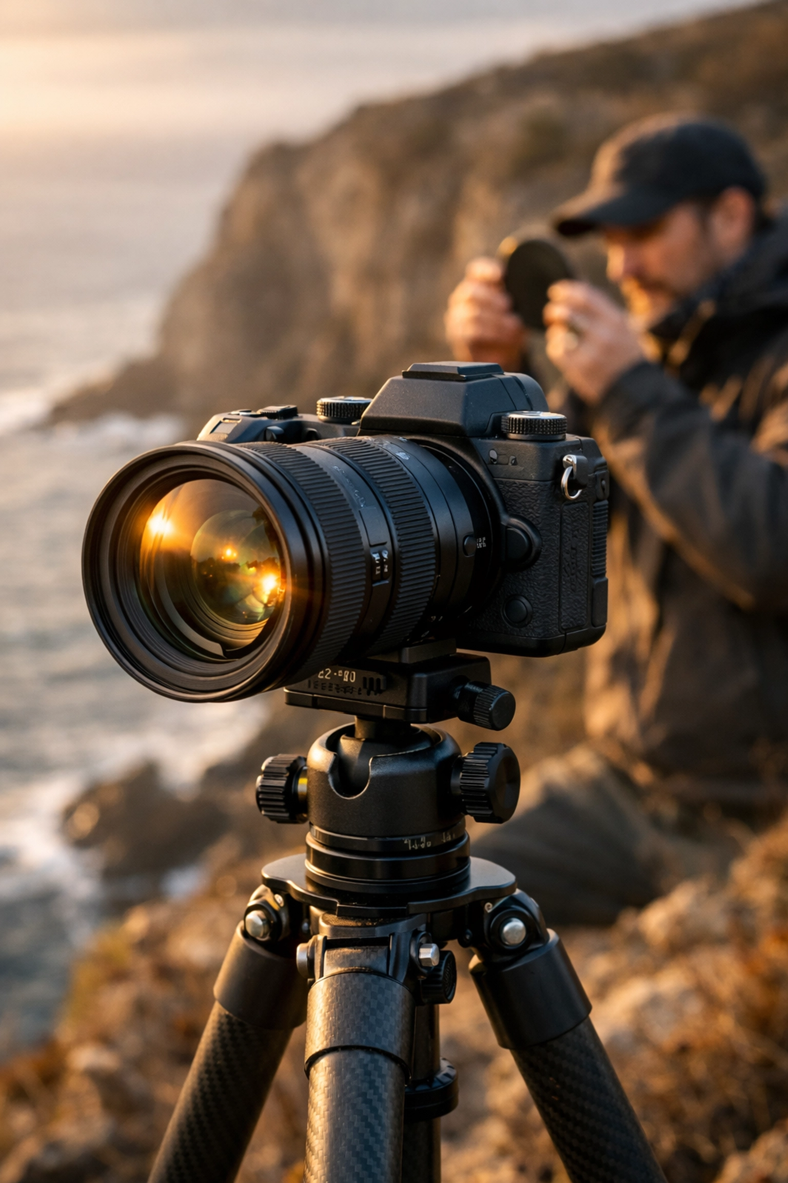 Modern mirrorless camera on a tripod at sunset for landscape photography tutorials.