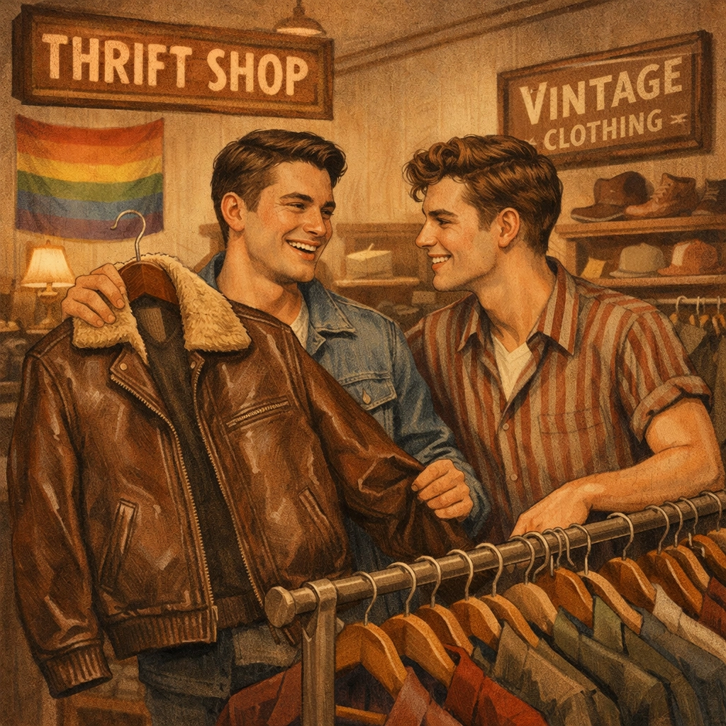 Two gay men shopping together in 1950s thrift store, a safe space for LGBTQ+ expression