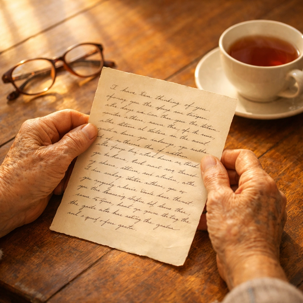 Senior hands holding handwritten letter with tea and reading glasses on wooden table