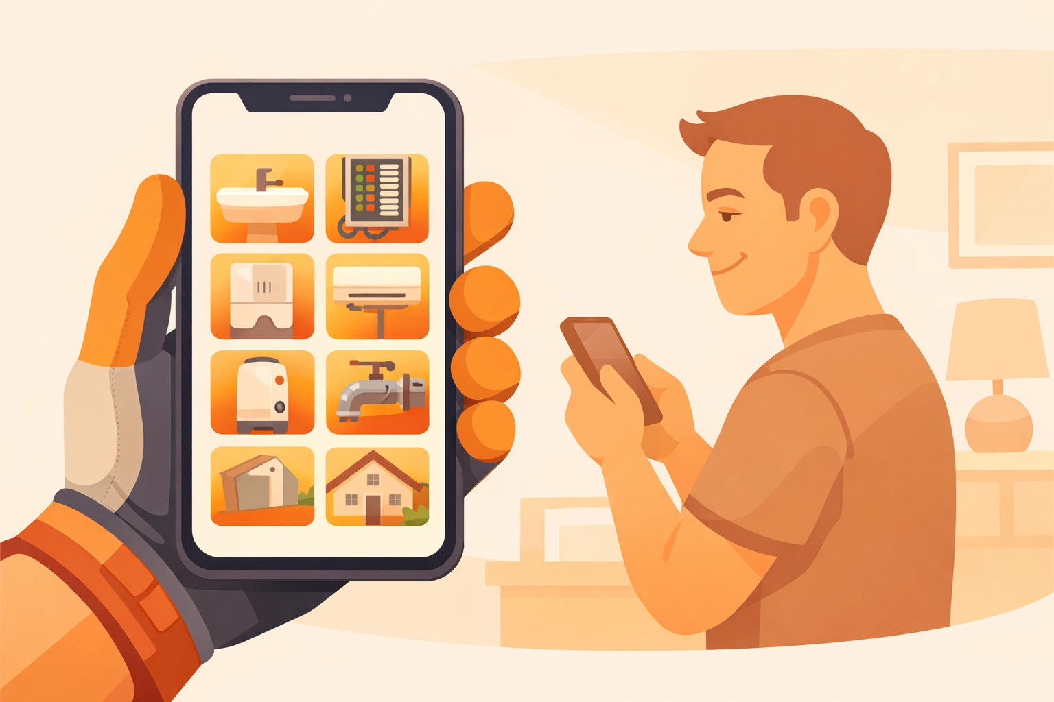 Technician sharing a job photo timeline with a homeowner via a mobile-first contractor app.