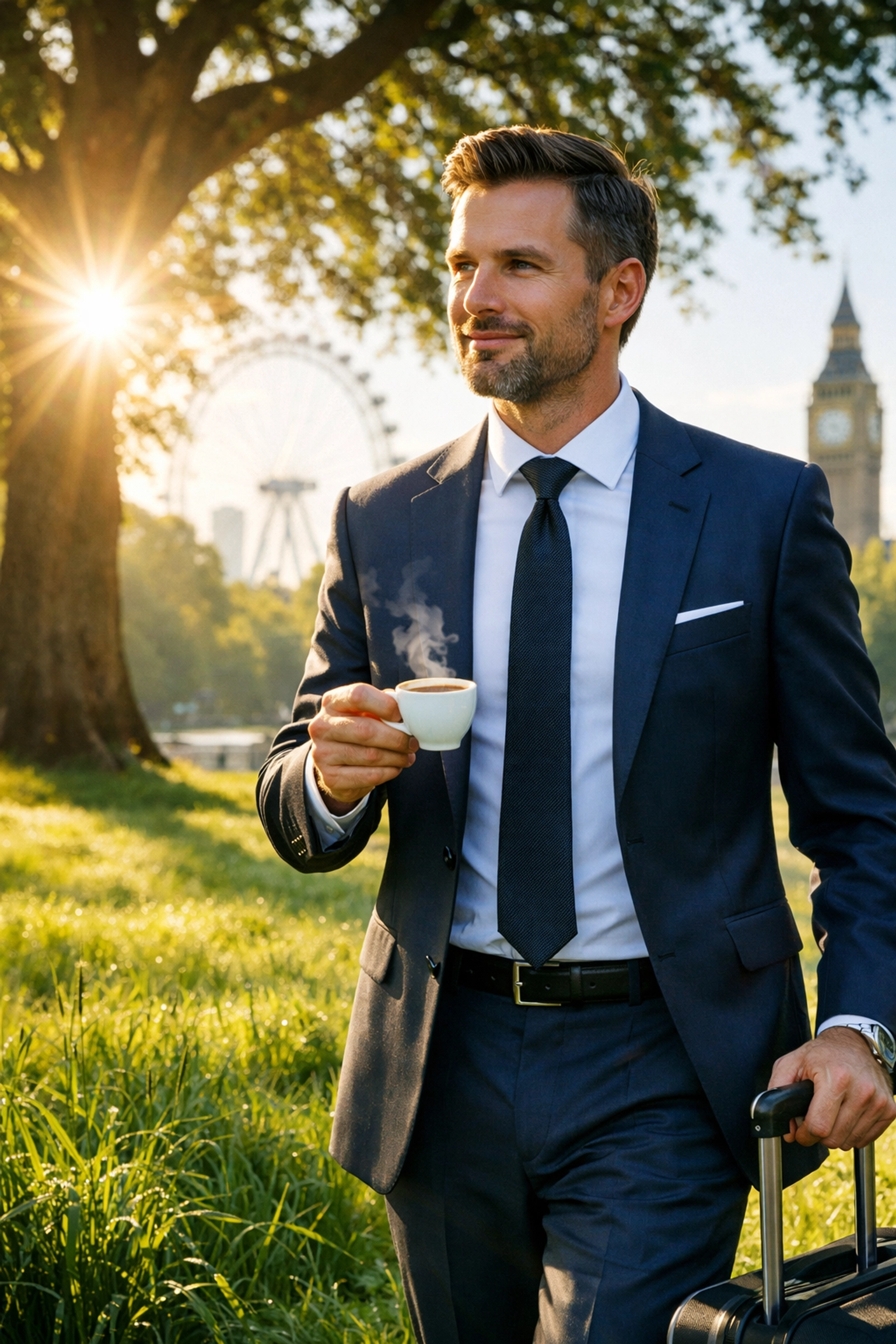Business traveler in London using the sunlight anchor strategy to adjust to the local time zone.