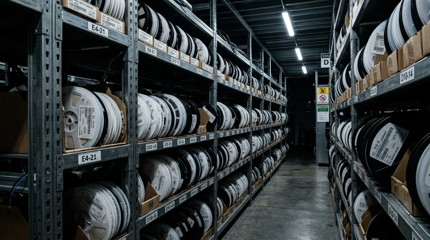 Professional warehouse photo showing component reels stored on racks in a high-contrast electronics inventory environment