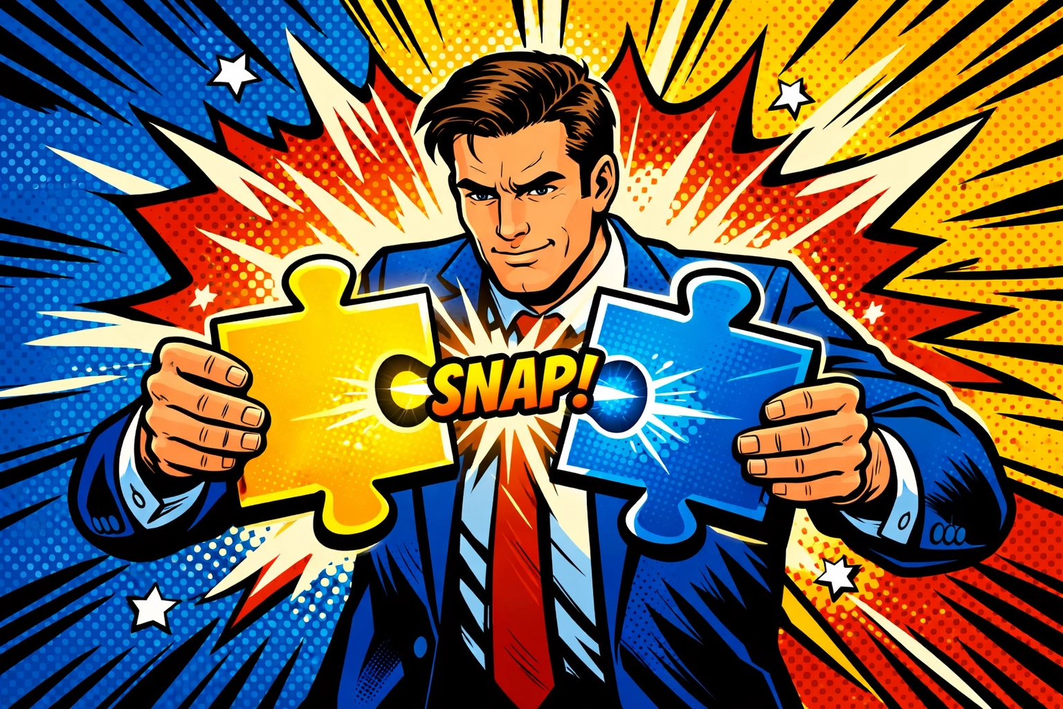 Entrepreneur connecting puzzle pieces representing business automation tools for small business efficiency.