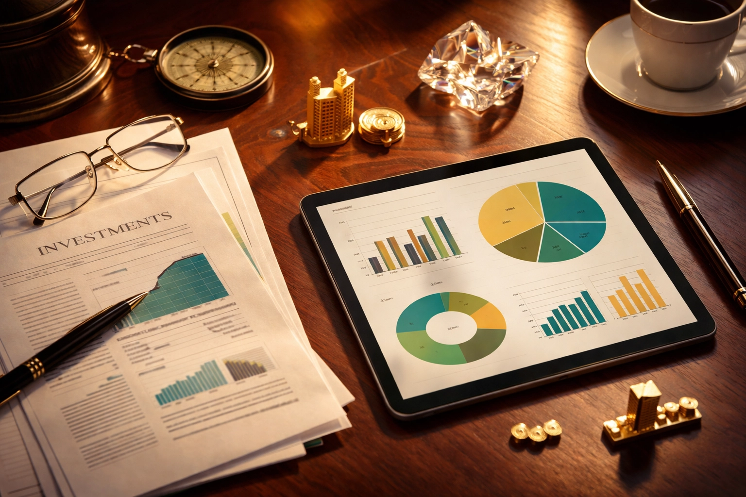 A desk with investment documents, compass, pie charts, and asset miniatures representing strategic wealth management.