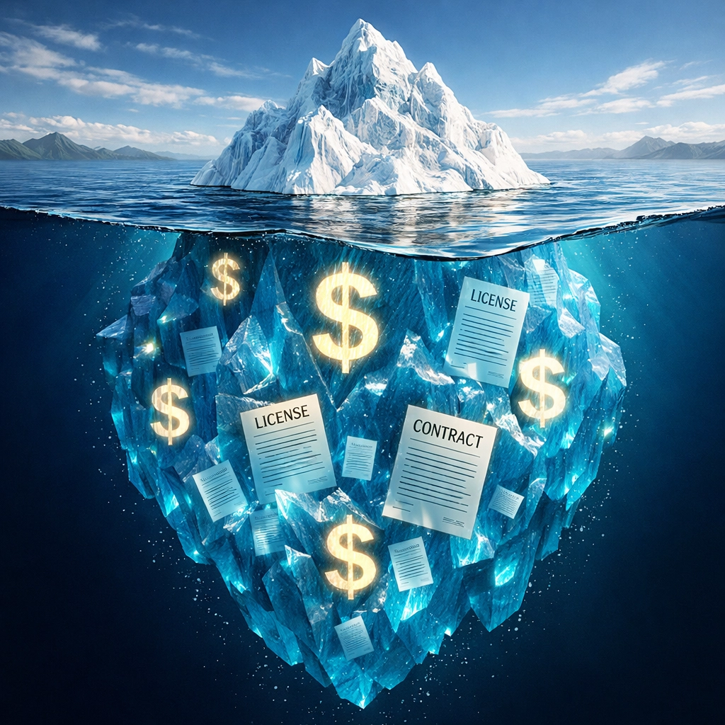Iceberg diagram revealing hidden ServiceNow license costs and ITOM implementation fees below surface