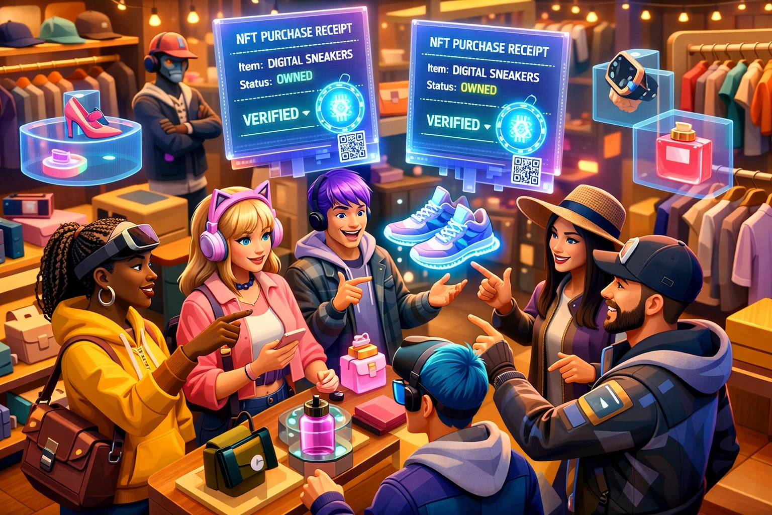 Avatars shopping together in metaverse boutique with NFT receipts and holographic products