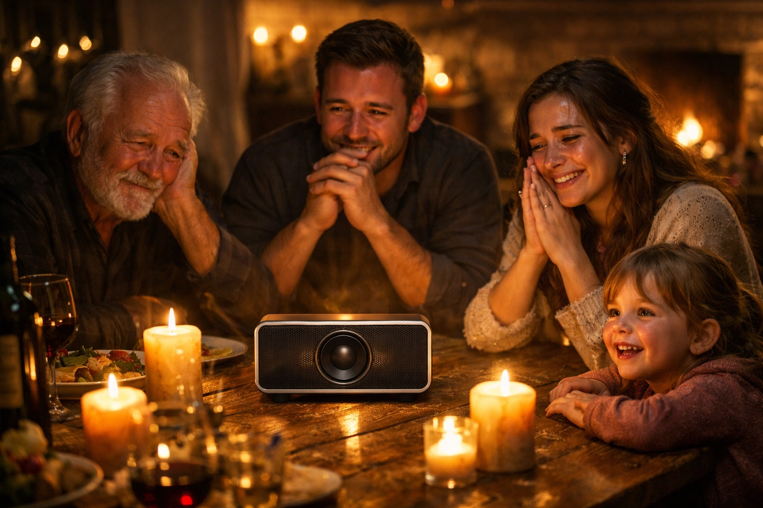 Multi-generational family sharing an emotional moment listening to a custom tribute song.